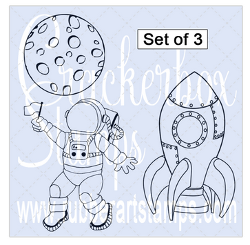Crackerbox Stamps - Spaceman, Rocket & Moon